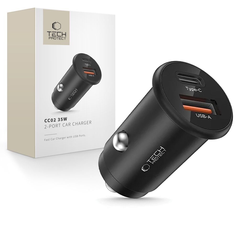 Tech-Protect CC02 PD35W/QC3.0 2 portos autós töltő - fekete
