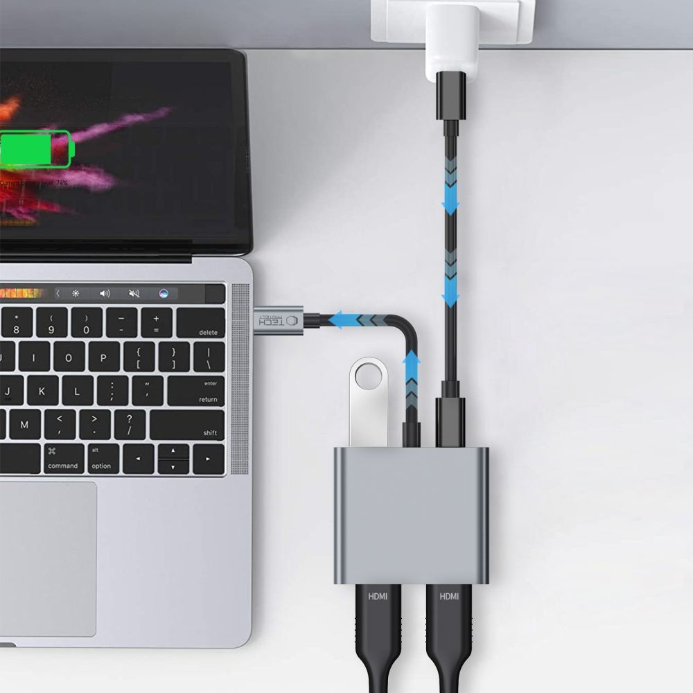 Tech-Protect HB08 Hub adapter 4in1 USB-C USB2.0 2xHDMI 4K 60Hz - szürke