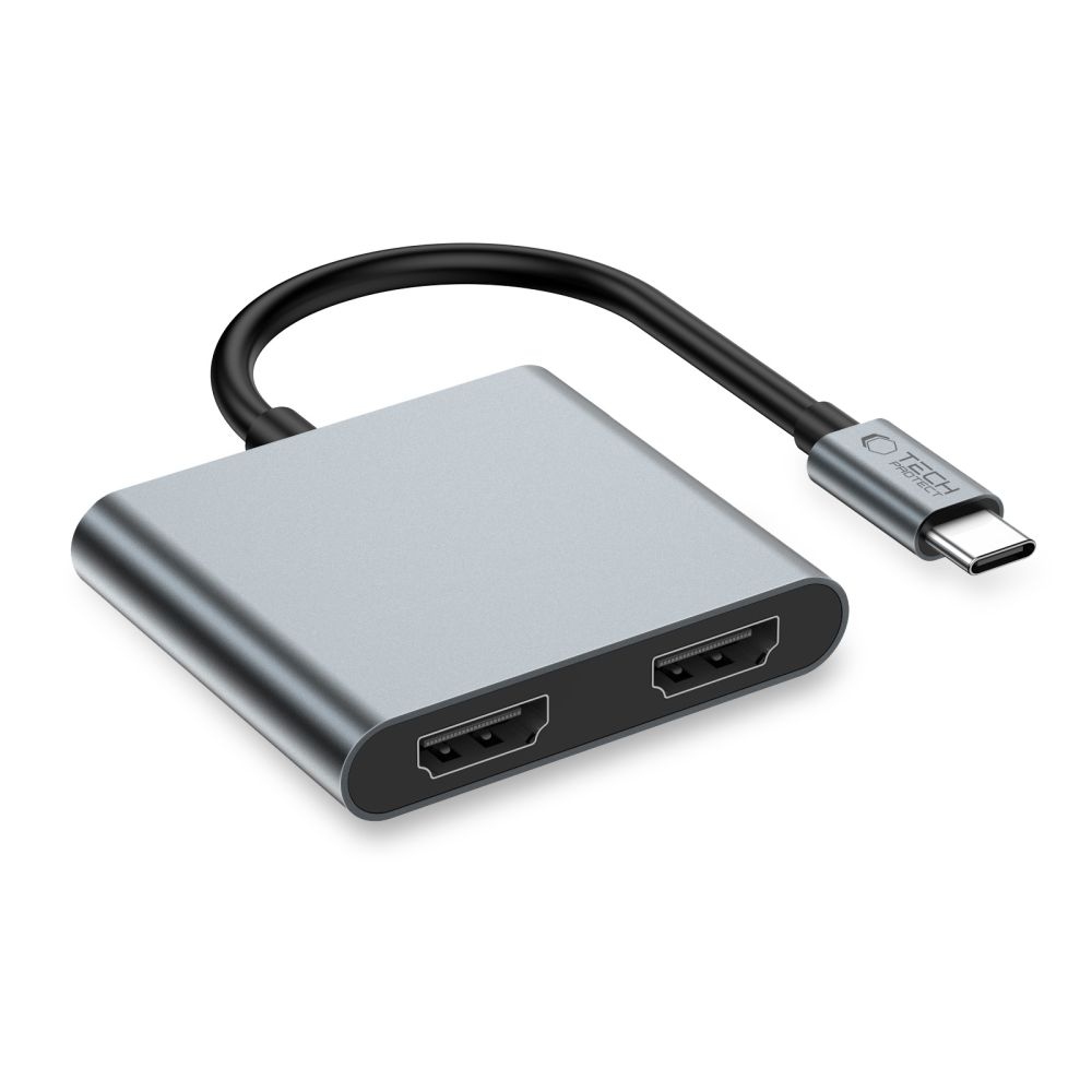 Tech-Protect HB08 Hub adapter 4in1 USB-C USB2.0 2xHDMI 4K 60Hz - szürke