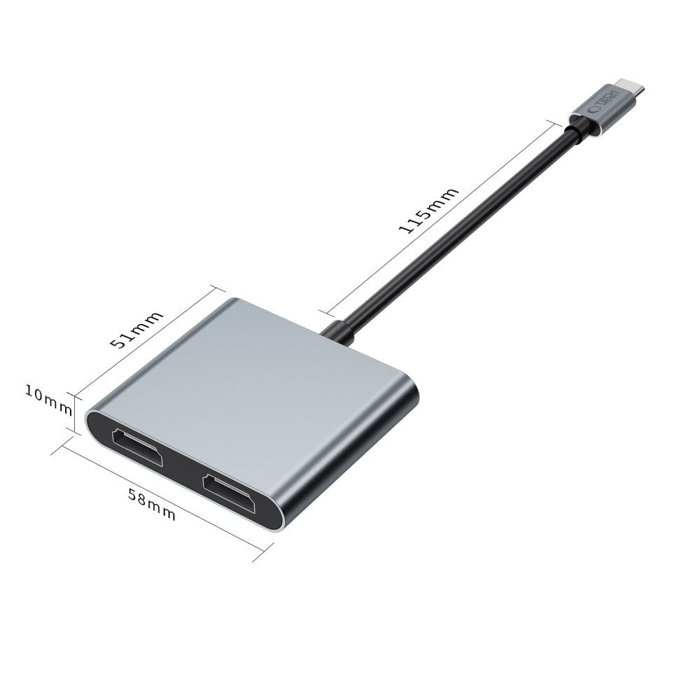 Tech-Protect HB08 Hub adapter 4in1 USB-C USB2.0 2xHDMI 4K 60Hz - szürke