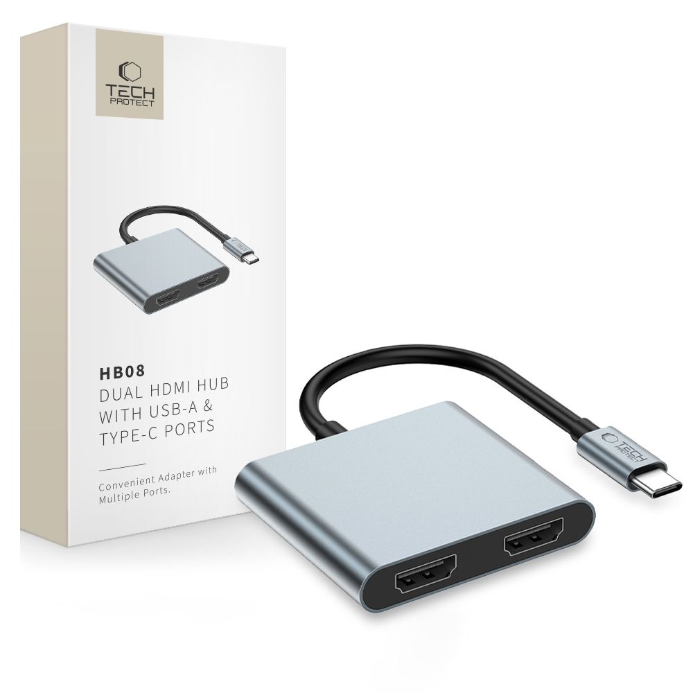 Tech-Protect HB08 Hub adapter 4in1 USB-C USB2.0 2xHDMI 4K 60Hz - szürke