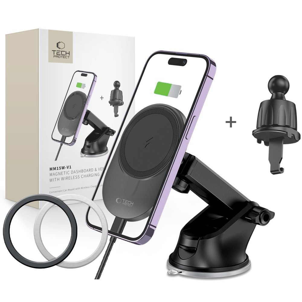 Tech-Protect MM15W-V1 MagSafe vezeték nélküli töltőtartó műszerfalra és szellőzésre - fekete színű