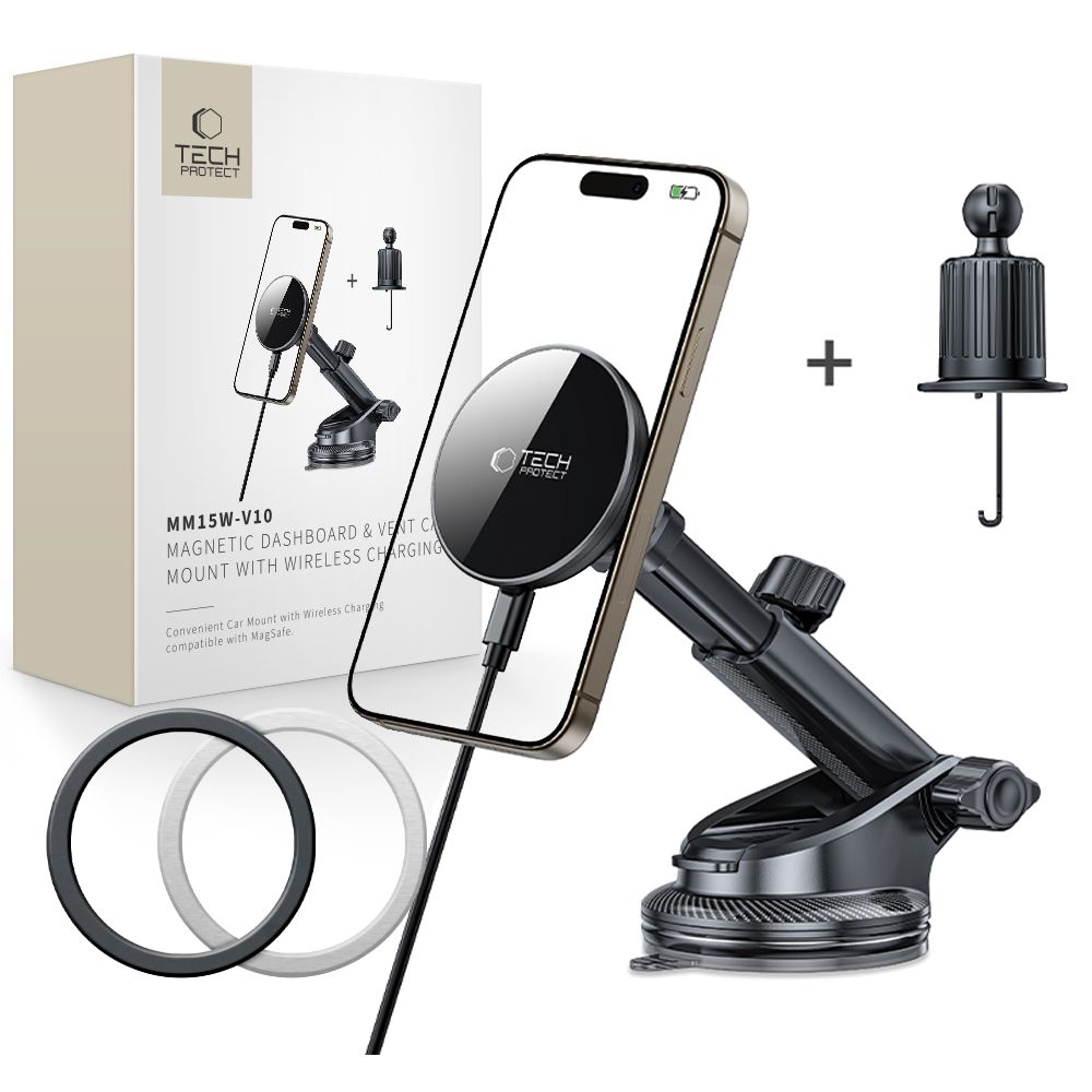 Tech-Protect MM15W-V10 MagSafe vezeték nélküli töltőtartó műszerfalra és szellőzésre - fekete színű