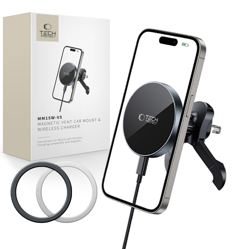 Tech-Protect MM15W-V5 Stabil Vent MagSafe autós tartó vezeték nélküli töltéssel - Fekete