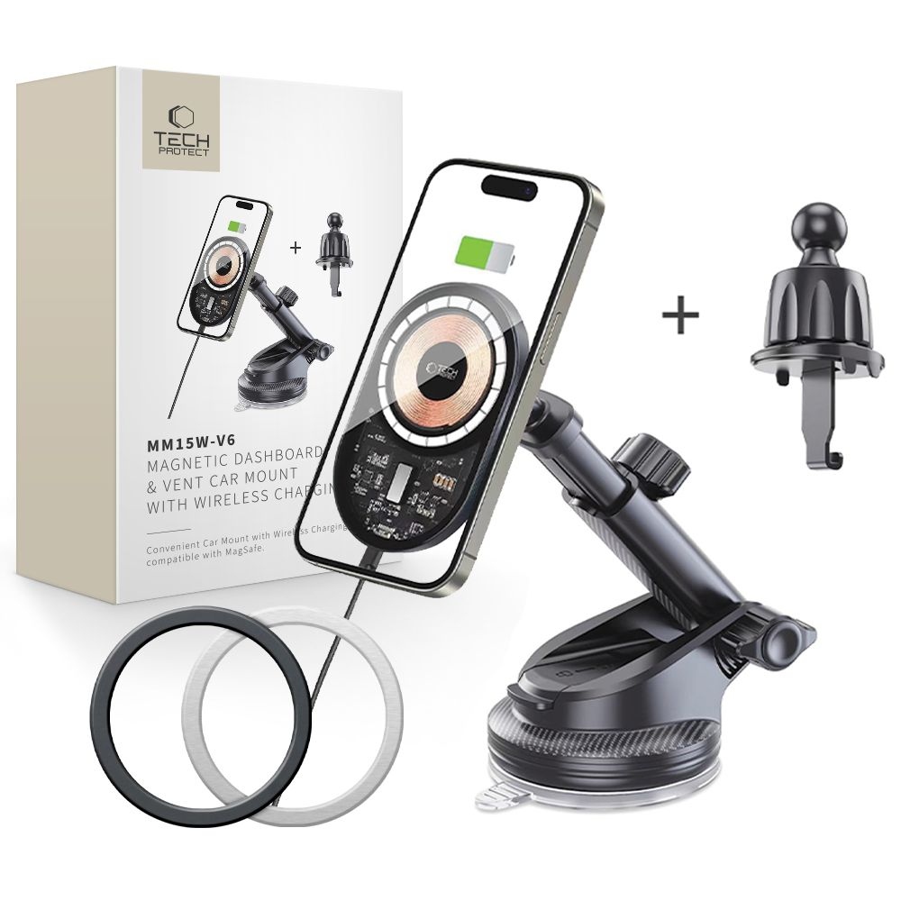 Tech-Protect MM15W-V6 műszerfal és szellőzőnyílás MagSafe tartó vezeték nélküli töltéssel - Fekete