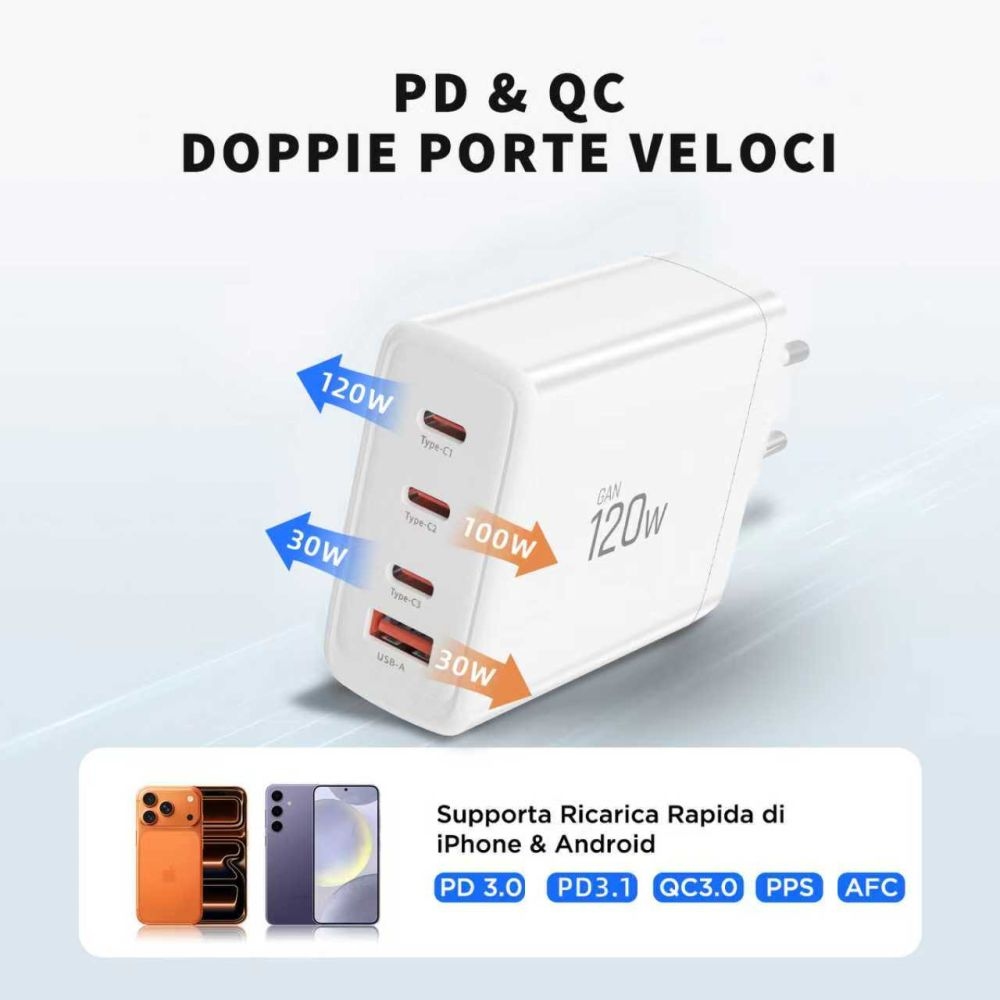 Tech-Protect NC120W-GAN 4 portos PD120W/QC3.0 töltő - fehér