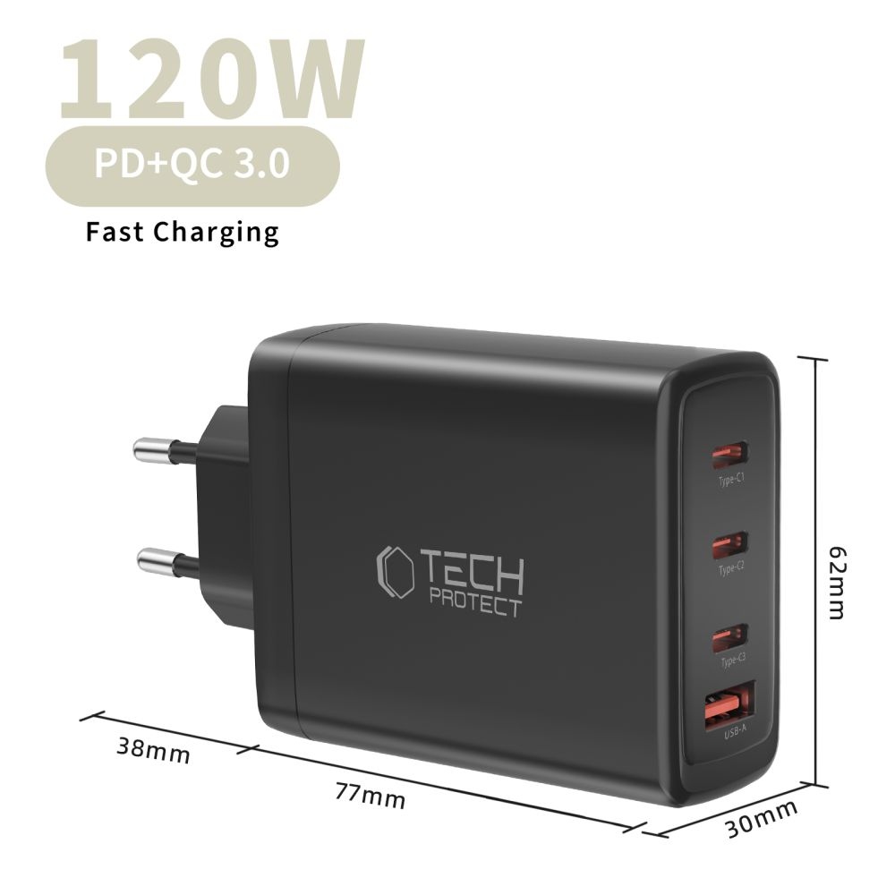 Tech-Protect NC120W-GAN 4 portos PD120W/QC3.0 töltő - fekete