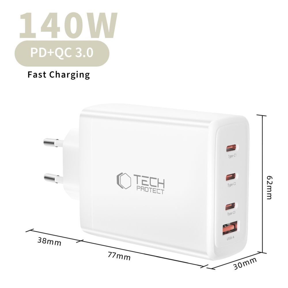 Tech-Protect NC140W-GAN 4 portos töltő PD140W/QC3.0 - fehér