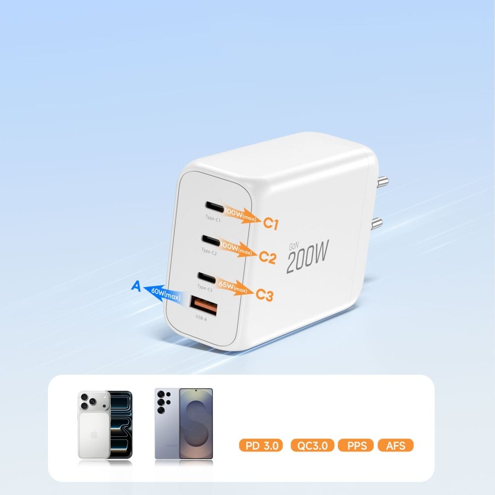 Tech-Protect NC200W-GAN 4-port PD200W/QC3.0 töltő - fehér