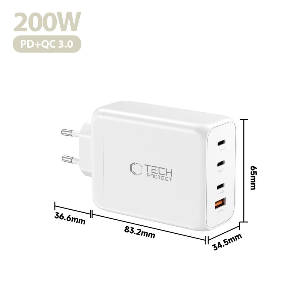 Tech-Protect NC200W-GAN 4-port PD200W/QC3.0 töltő - fehér
