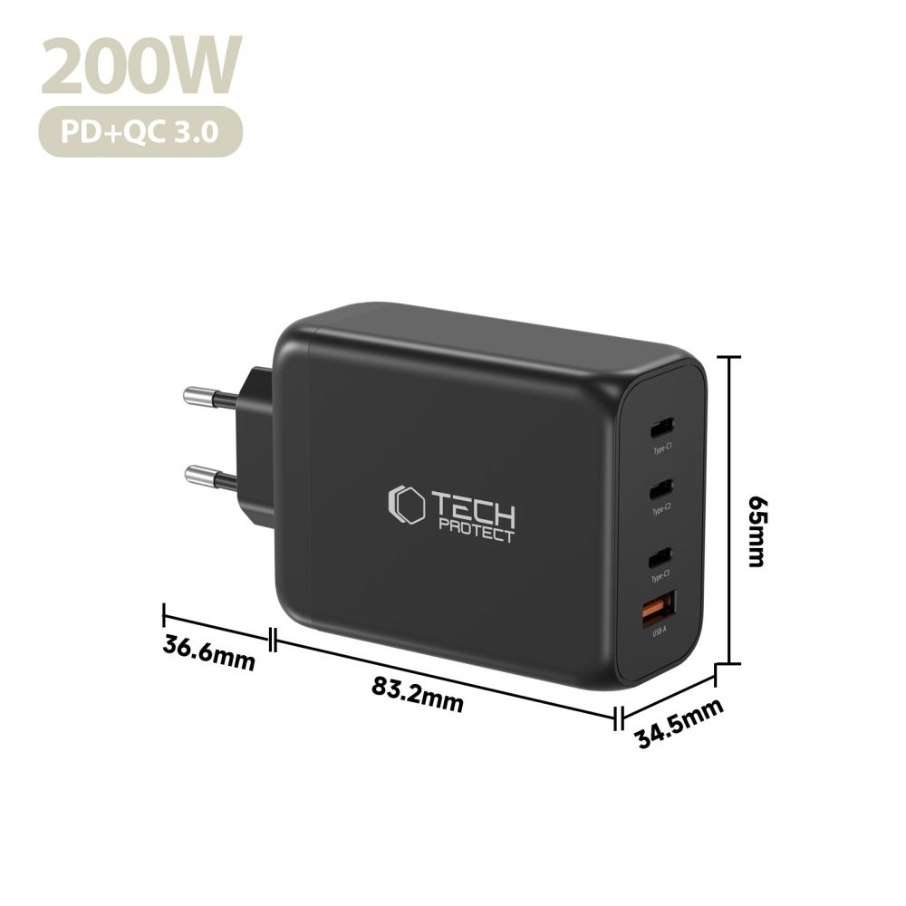 Tech-Protect NC200W-GAN 4 portos PD200W/QC3.0 töltő - fekete