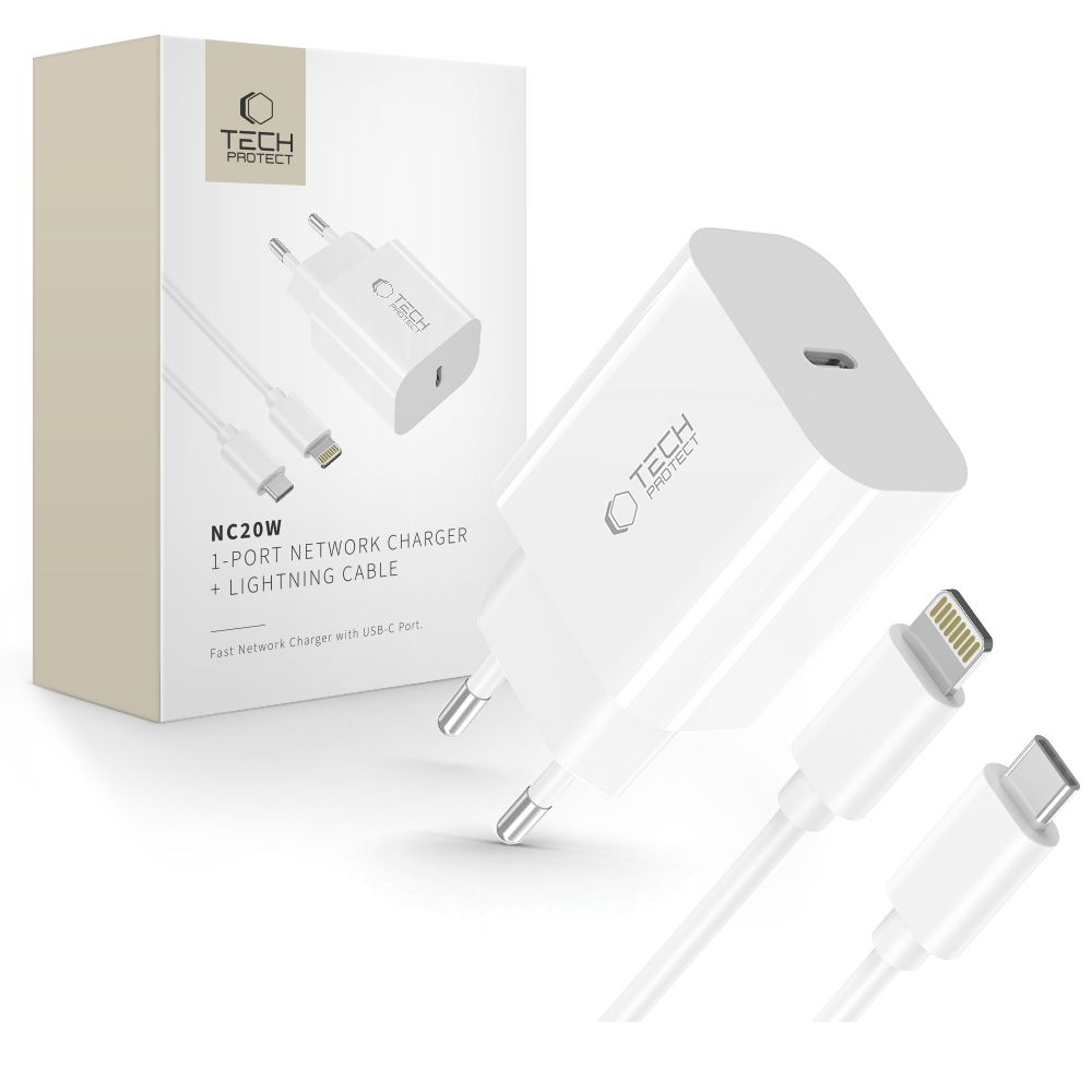 Tech-Protect NC20W PD 20W + villám/USB-C kábel - fehér