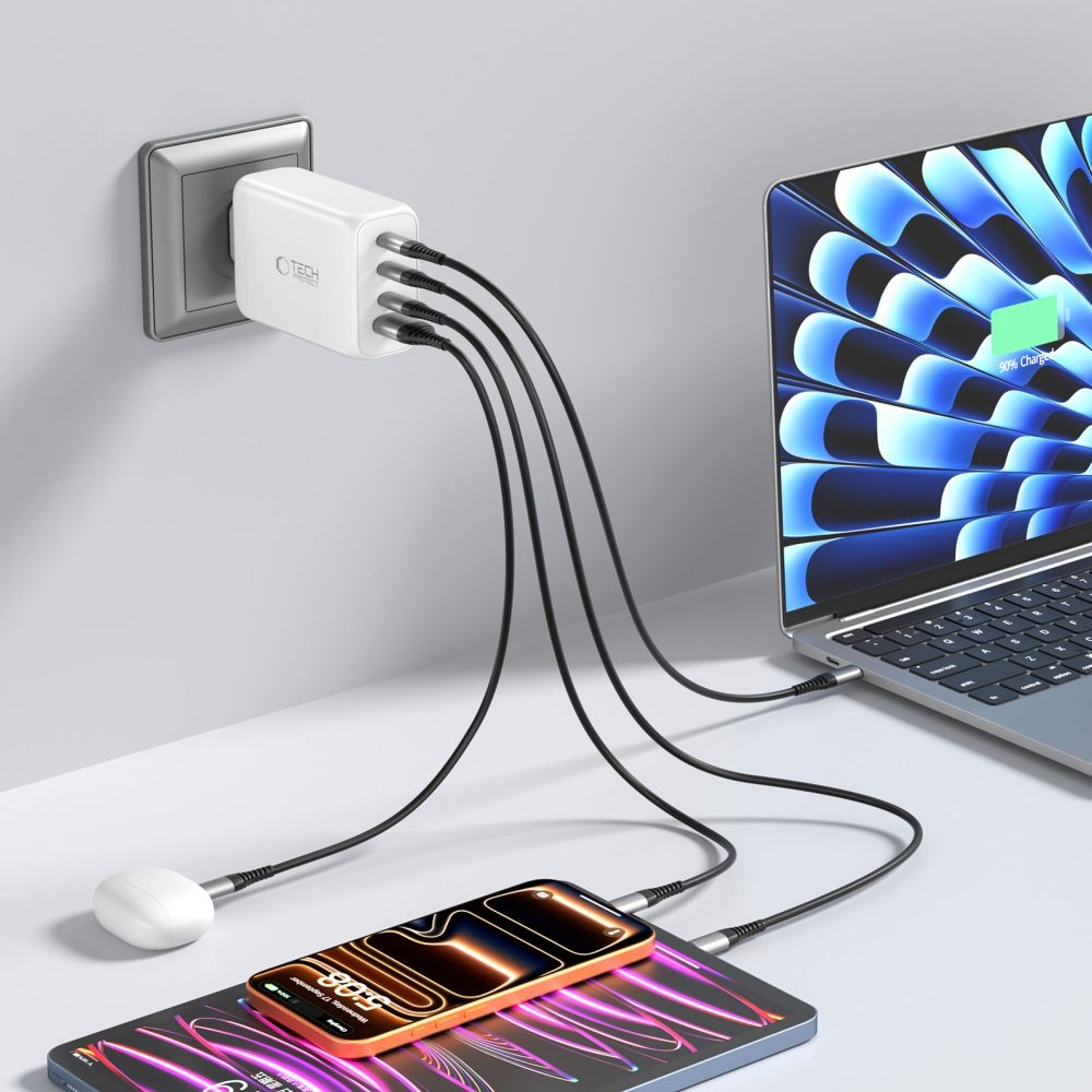Tech-Protect NC240W-GAN 4-port PD240W/QC3.0 töltő - fehér