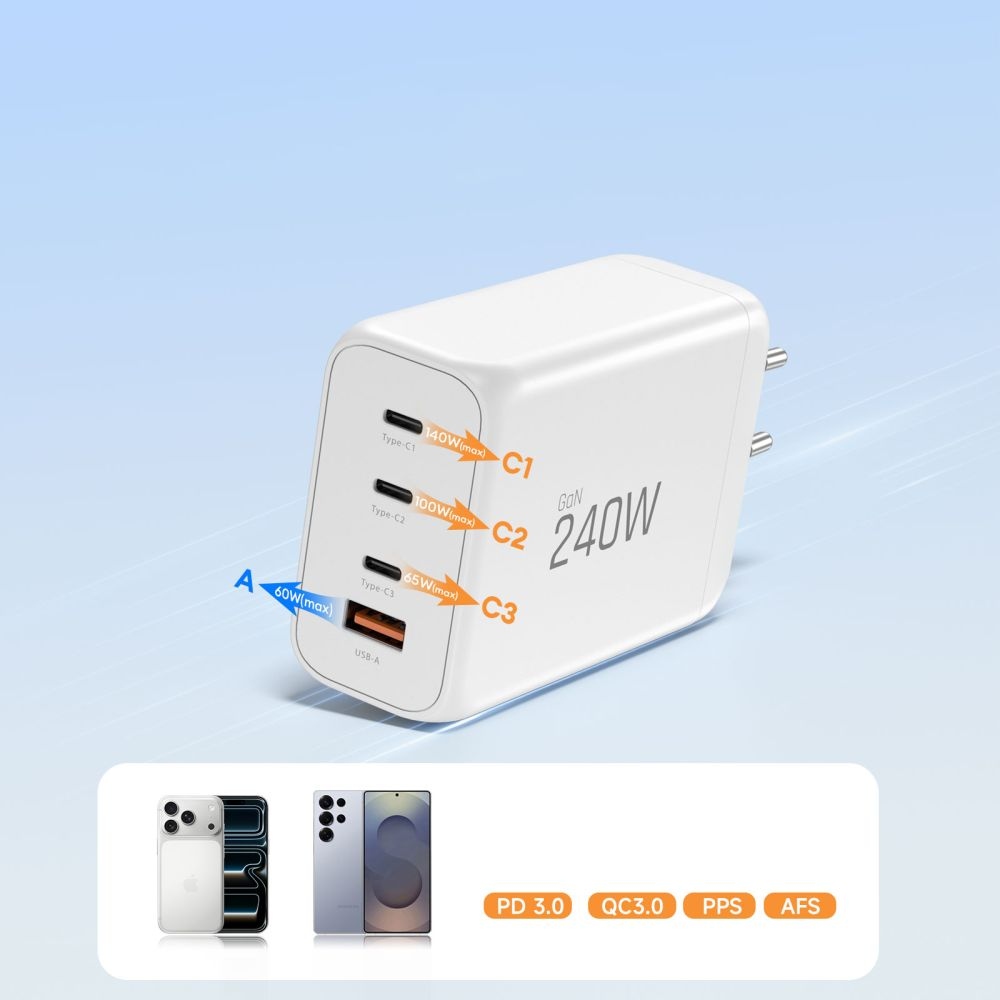 Tech-Protect NC240W-GAN 4-port PD240W/QC3.0 töltő - fehér
