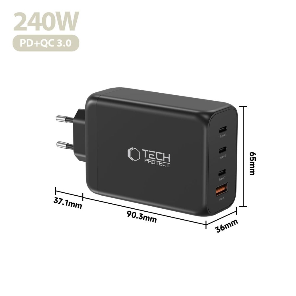 Tech-Protect NC240W-GAN 4-port PD240W/QC3.0 töltő - fekete