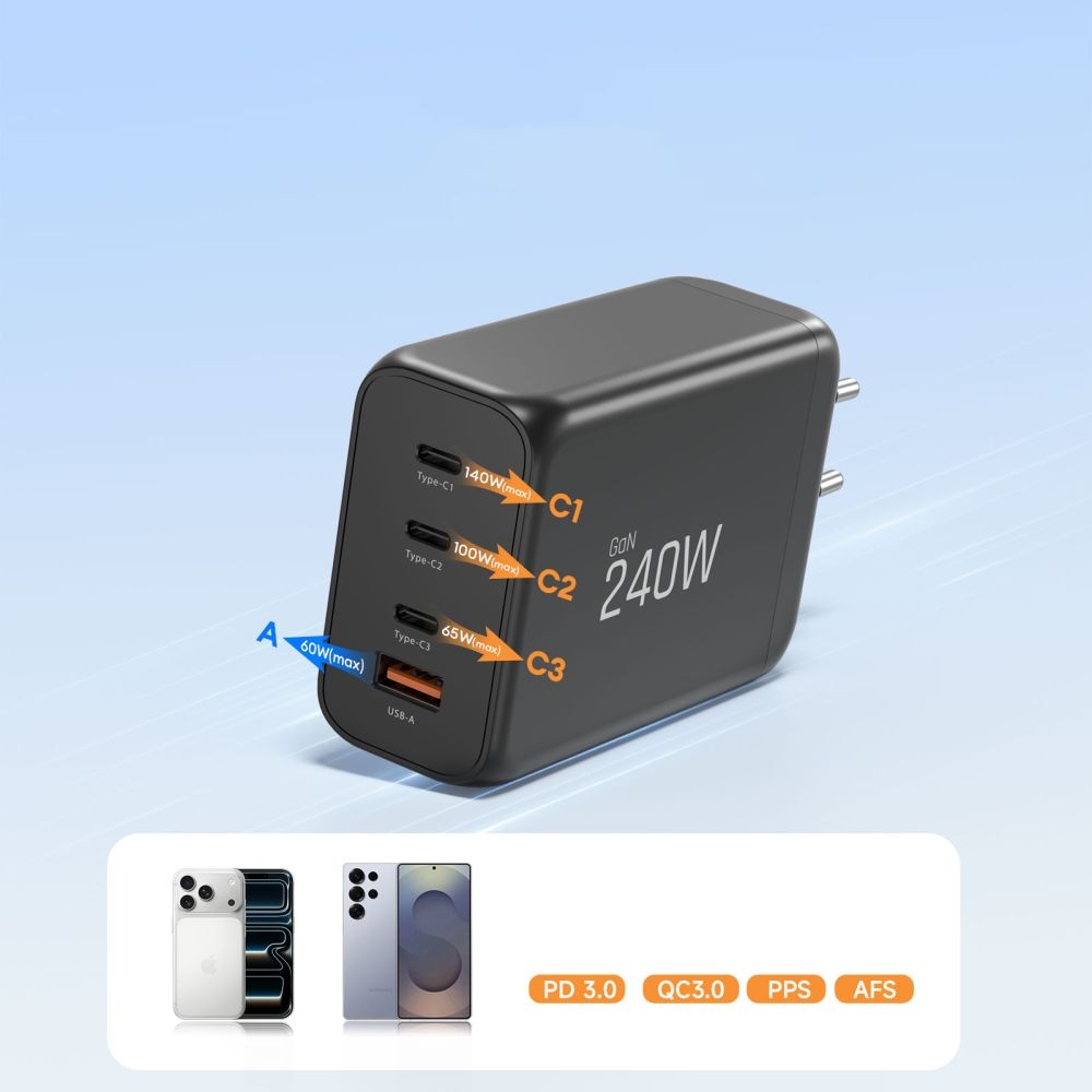 Tech-Protect NC240W-GAN 4-port PD240W/QC3.0 töltő - fekete