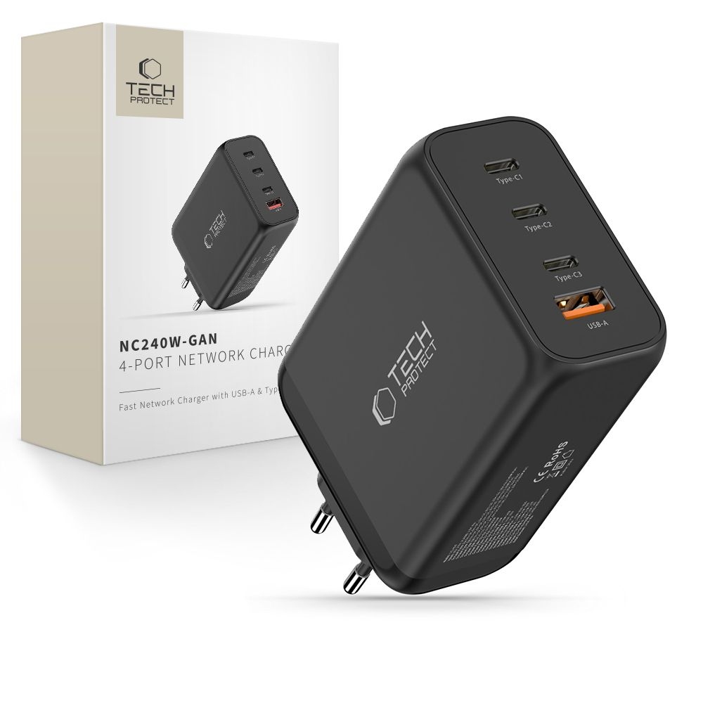 Tech-Protect NC240W-GAN 4-port PD240W/QC3.0 töltő - fekete