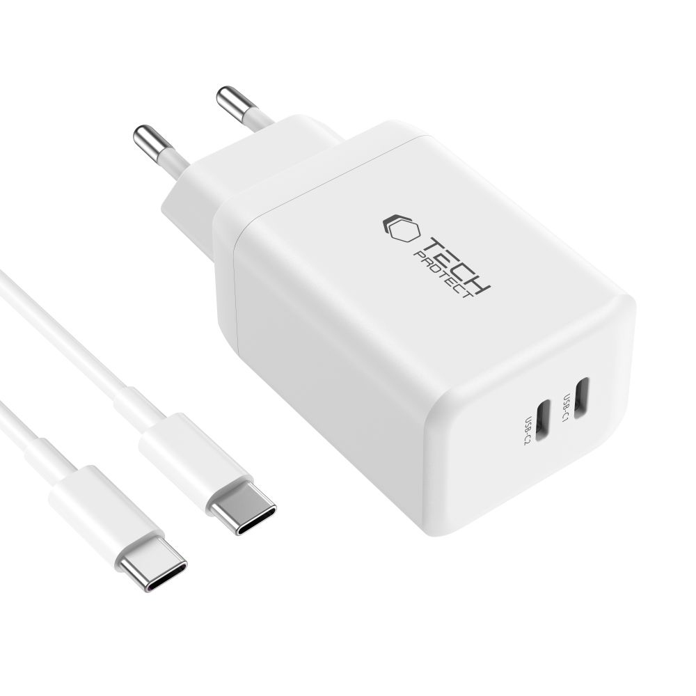 Tech-Protect NC45W-GAN 2 portos PD45W töltő + USB-C/USB-C kábel - fehér