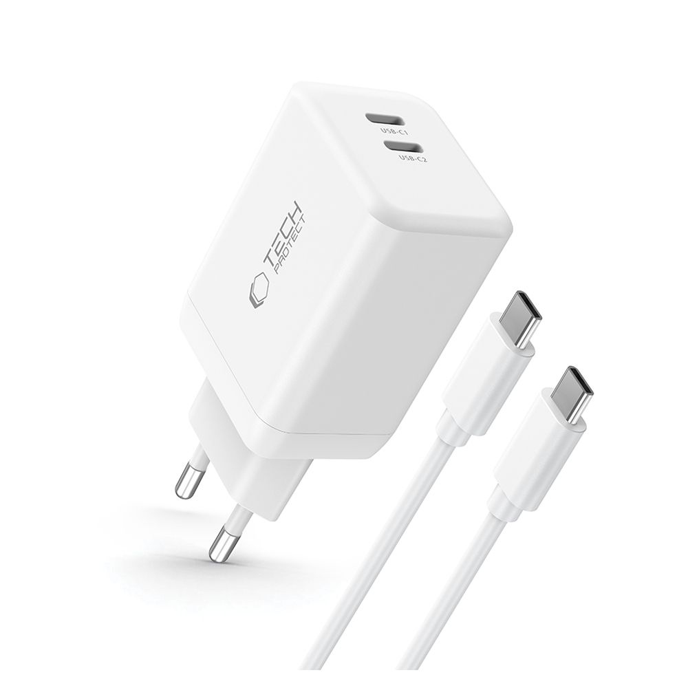 Tech-Protect NC45W-GAN 2 portos PD45W töltő + USB-C/USB-C kábel - fehér