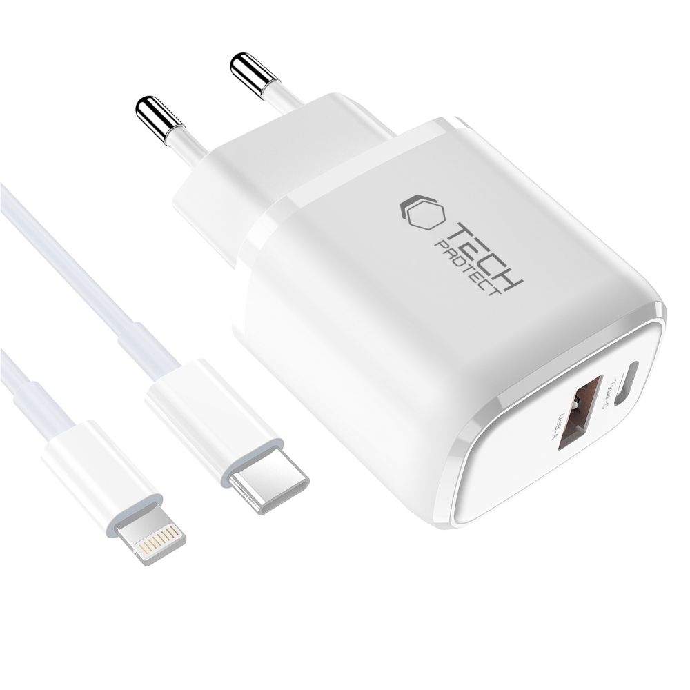 Tech-Protect NCA20 2-port PD 20W/QC3.0 töltő + villám/USB-C kábel - fehér