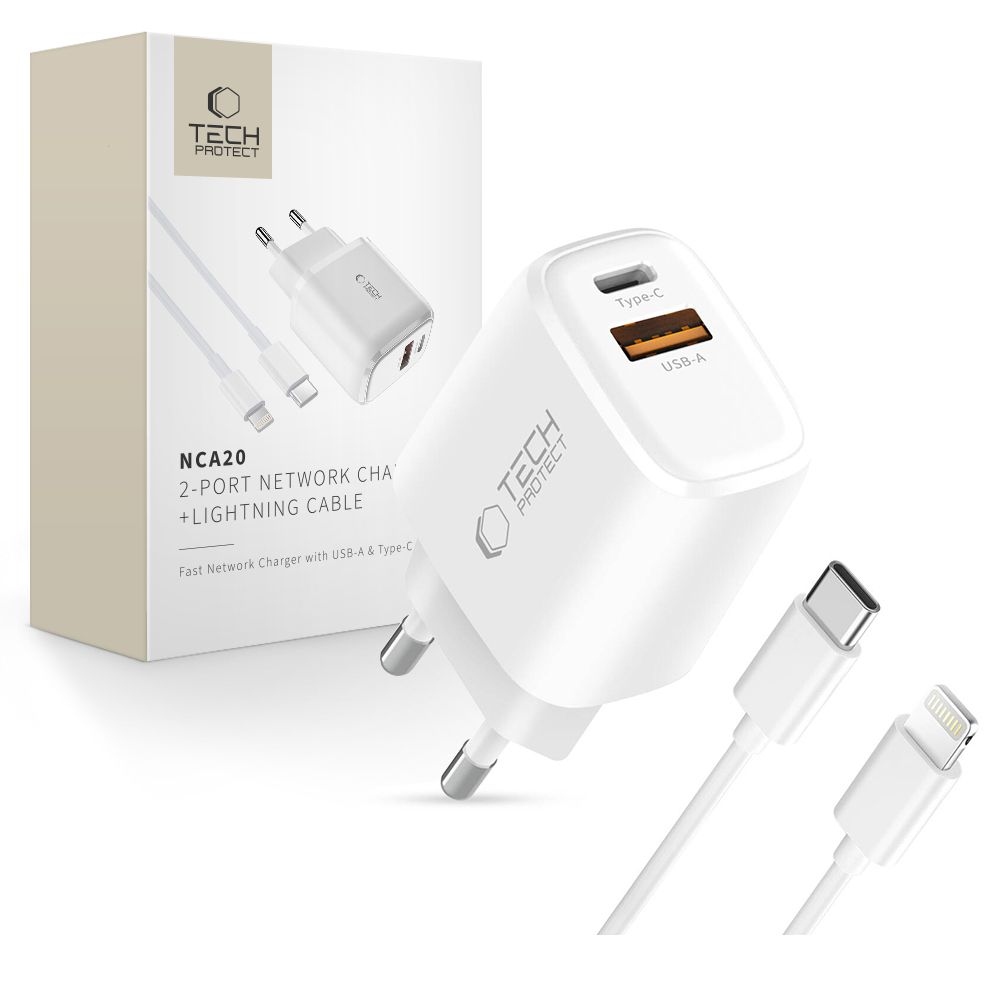 Tech-Protect NCA20 2-port PD 20W/QC3.0 töltő + villám/USB-C kábel - fehér