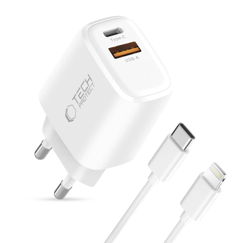 Tech-Protect NCA30 2-port PD 30W QC3.0 töltő + Lightning kábel - fehér