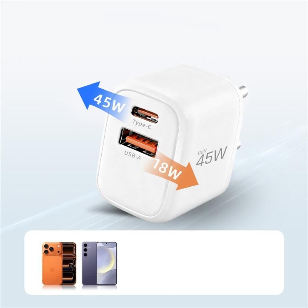 Tech-Protect NCA45W-GaN 2-port PD 45W/QC3.0 töltő + USB-C/Lightning kábel - fehér