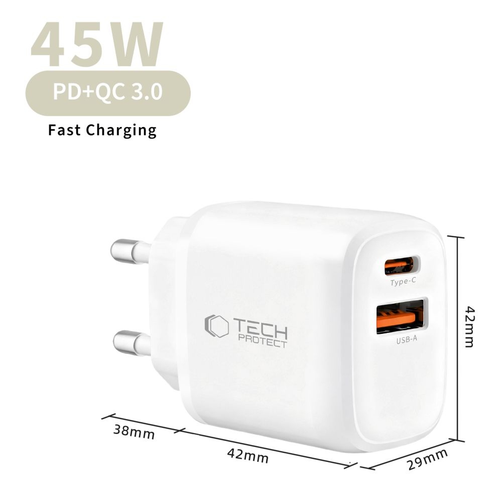 Tech-Protect NCA45W-GaN 2-port PD 45W/QC3.0 töltő + USB-C/Lightning kábel - fehér