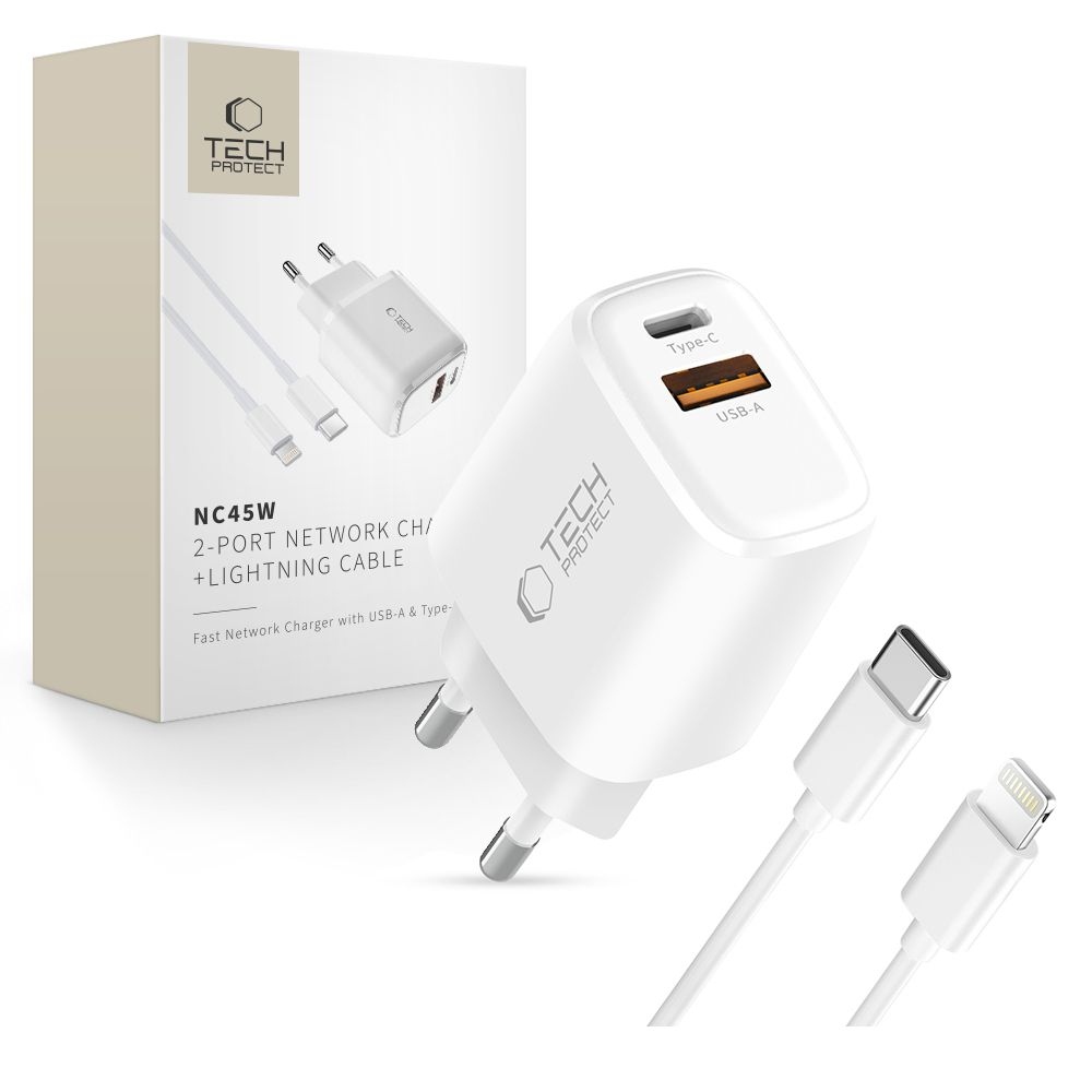 Tech-Protect NCA45W-GaN 2-port PD 45W/QC3.0 töltő + USB-C/Lightning kábel - fehér