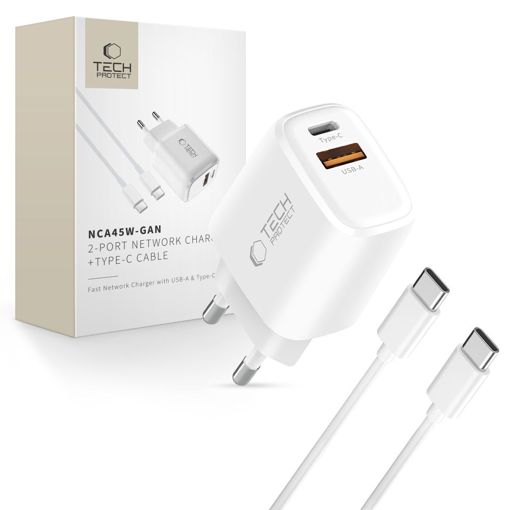 Tech-Protect NCA45W-GaN 2-port PD 45W/QC3.0 töltő + USB-C/USB-C kábel - fehér
