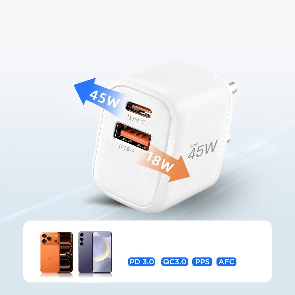 Tech-Protect NCA45W-GaN 2-port PD 45W/QC3.0 töltő + USB-C/USB-C kábel - fehér