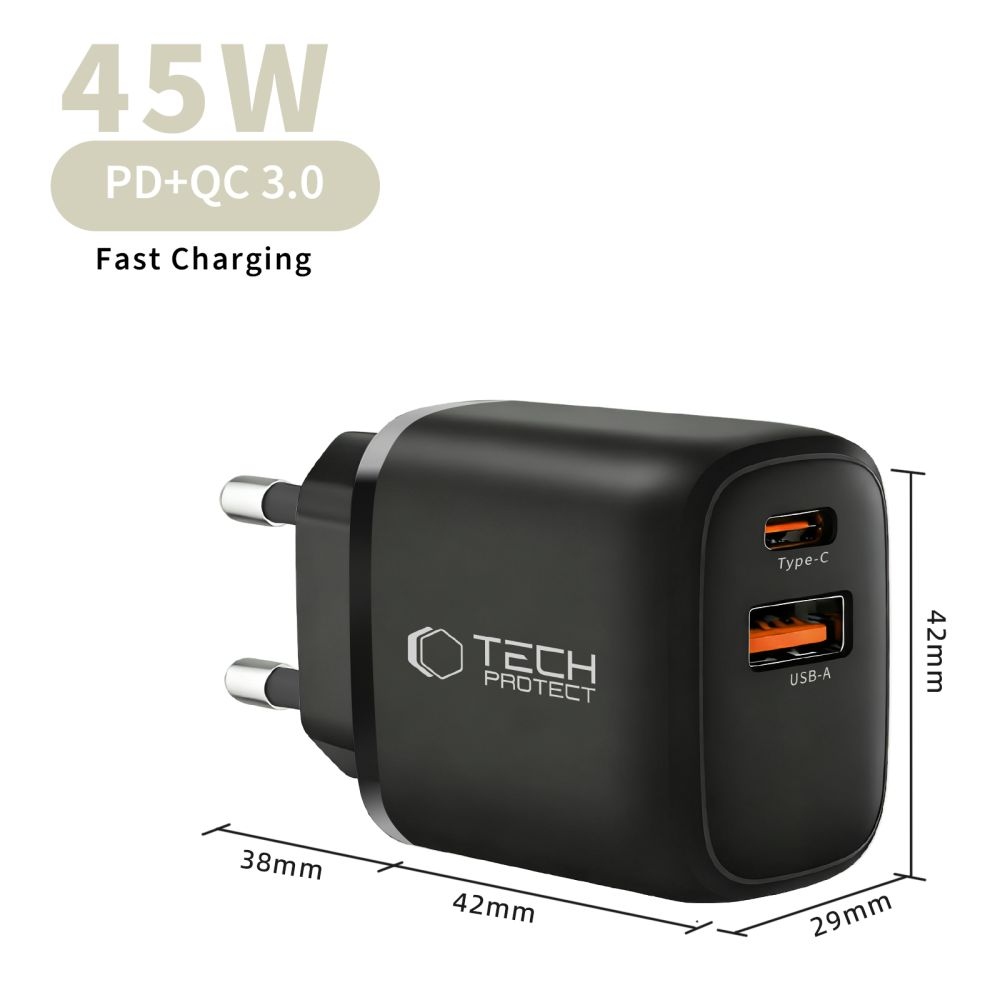 Tech-Protect NCA45W-GaN 2 portos PD 45W/QC3.0 töltő + USB-C/USB-C kábel - fekete