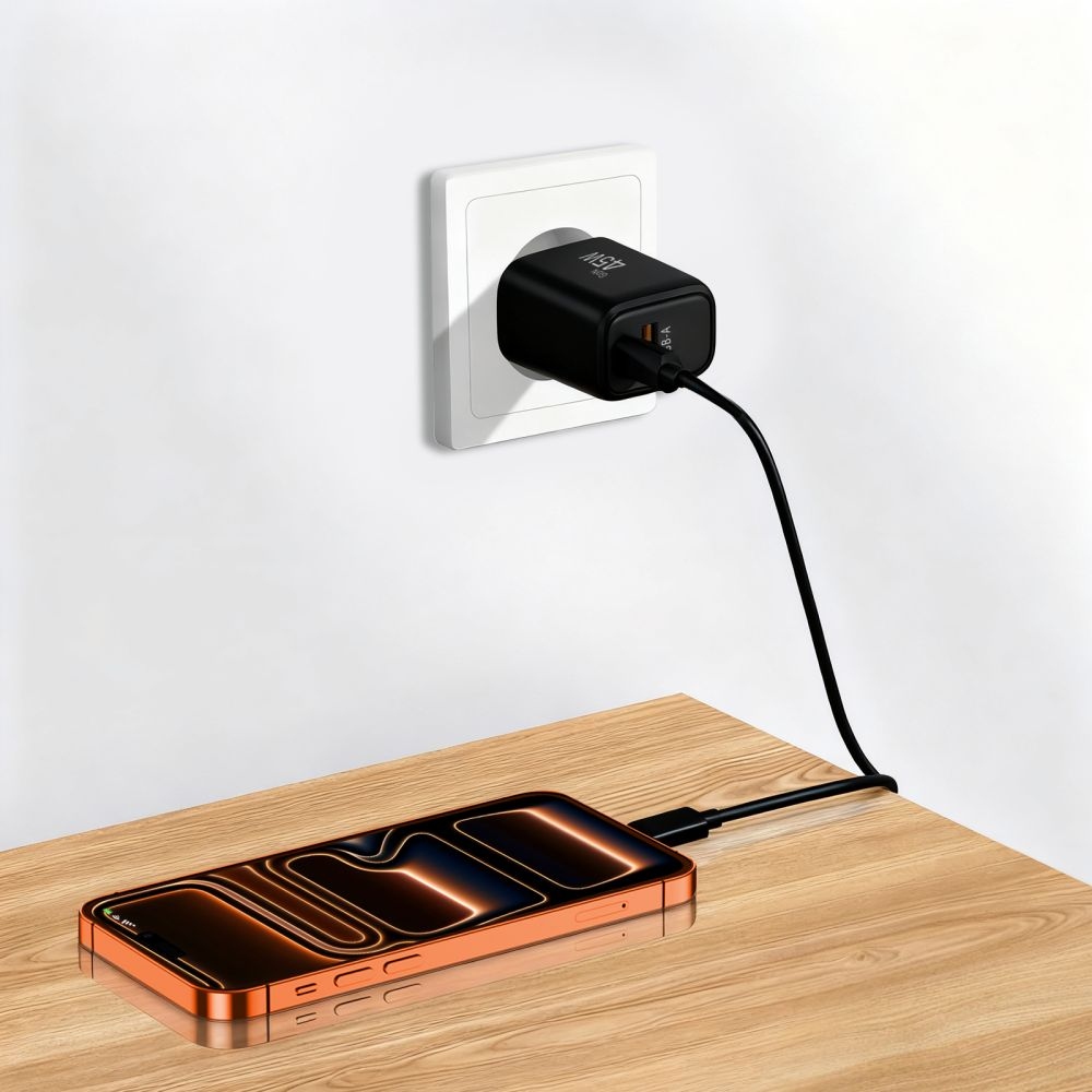 Tech-Protect NCA45W-GaN 2 portos PD 45W/QC3.0 töltő + USB-C/USB-C kábel - fekete