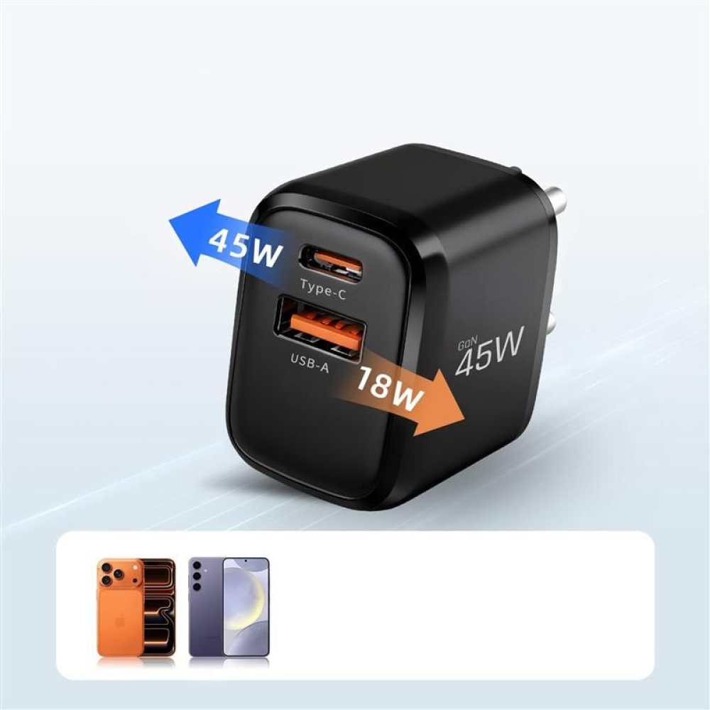 Tech-Protect NCA45W-GaN 2 portos PD 45W/QC3.0 töltő + USB-C/USB-C kábel - fekete