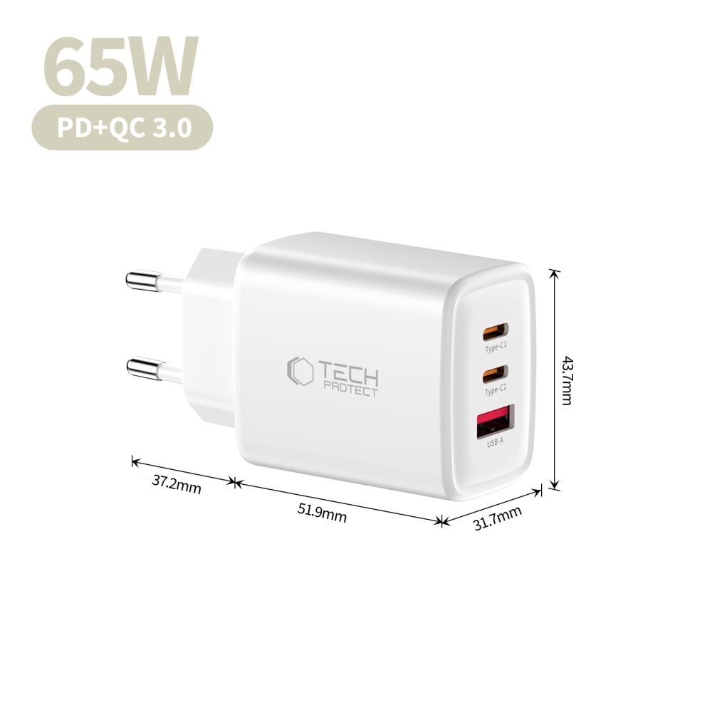 Tech-Protect NCA65W-GAN 3-port PD 65W/QC3.0 töltő - fehér
