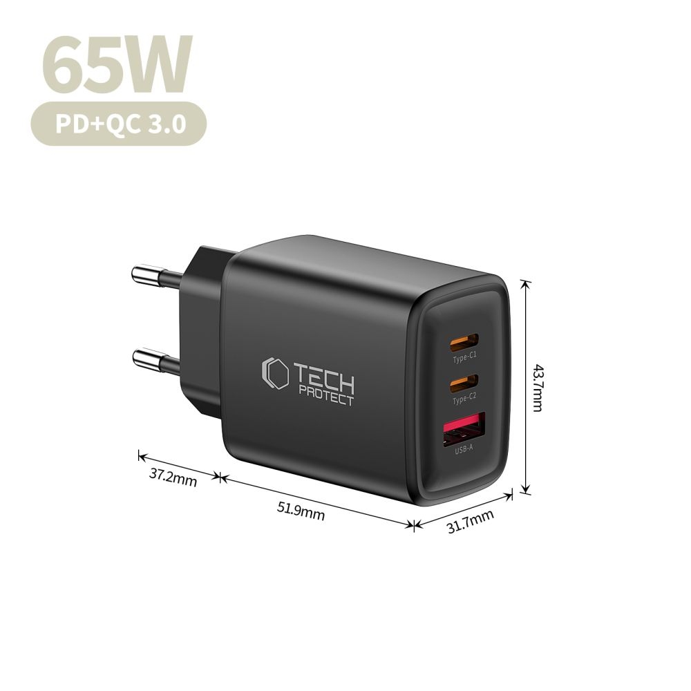 Tech-Protect NCA65W-GAN 3-port PD 65W/QC3.0 töltő - fekete