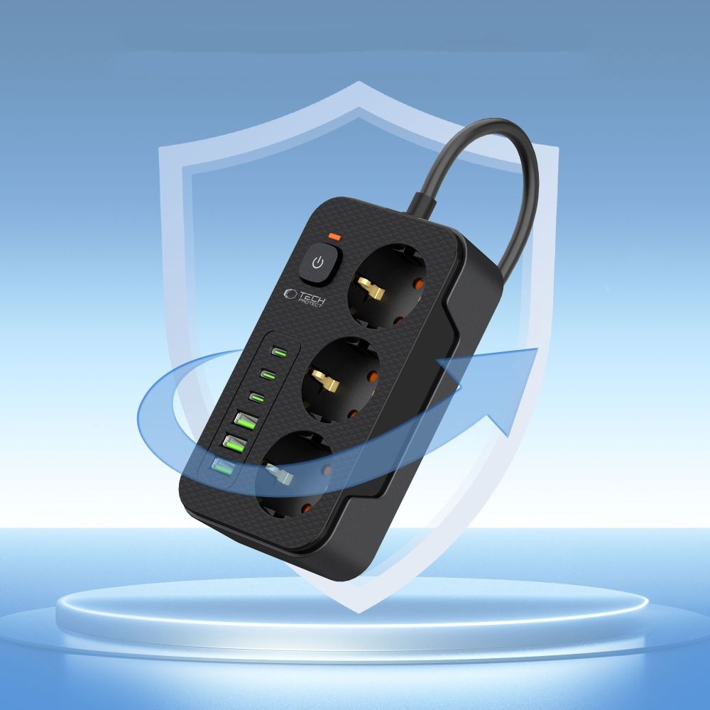 Tech-Protect PC3X6 hosszabbító kábel 3 csatlakozóval 3 USB-A és 3 USB-C 2 m - fekete