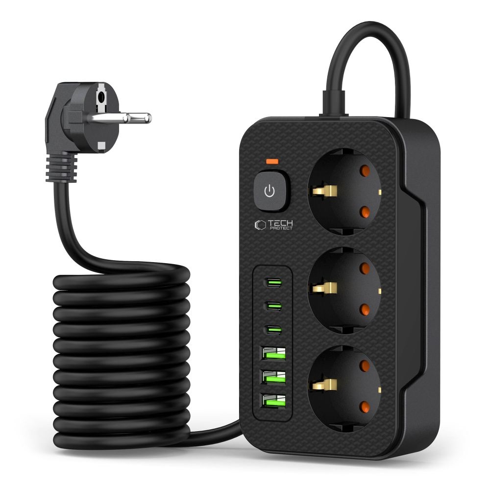 Tech-Protect PC3X6 hosszabbító kábel 3 csatlakozóval 3 USB-A és 3 USB-C 2 m - fekete