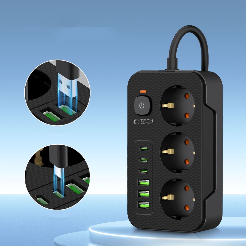 Tech-Protect PC3X6 hosszabbító kábel 3 csatlakozóval 3 USB-A és 3 USB-C 2 m - fekete