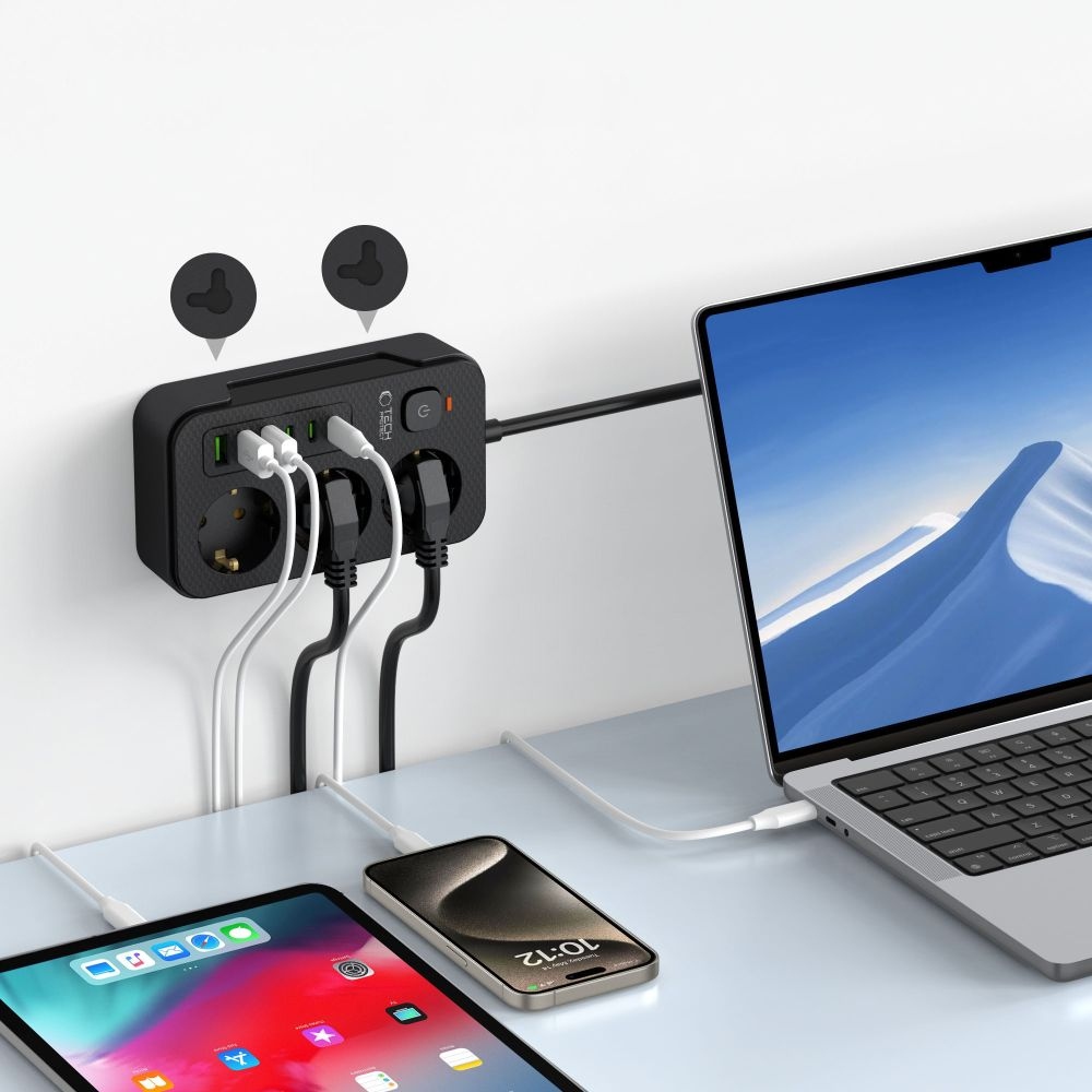 Tech-Protect PC3X6 hosszabbító kábel 3 csatlakozóval 3 USB-A és 3 USB-C 2 m - fekete