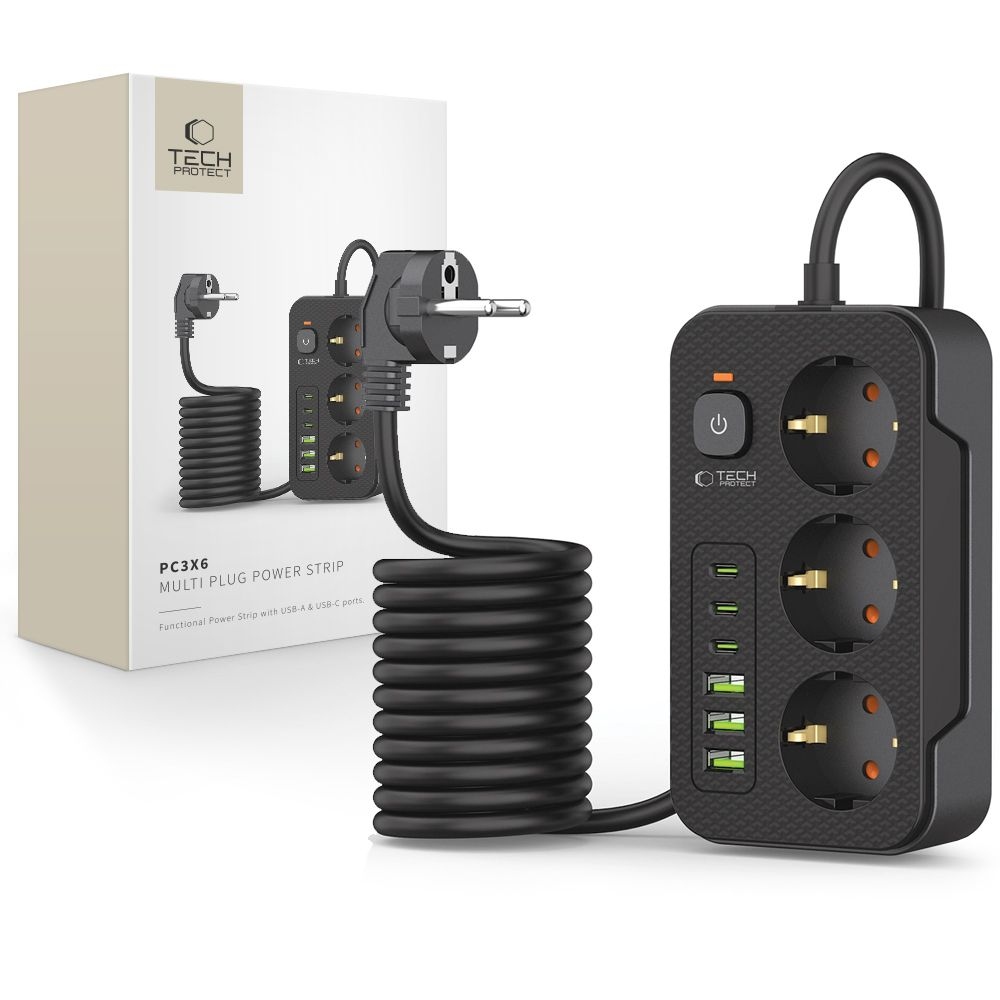 Tech-Protect PC3X6 hosszabbító kábel 3 csatlakozóval 3 USB-A és 3 USB-C 2 m - fekete