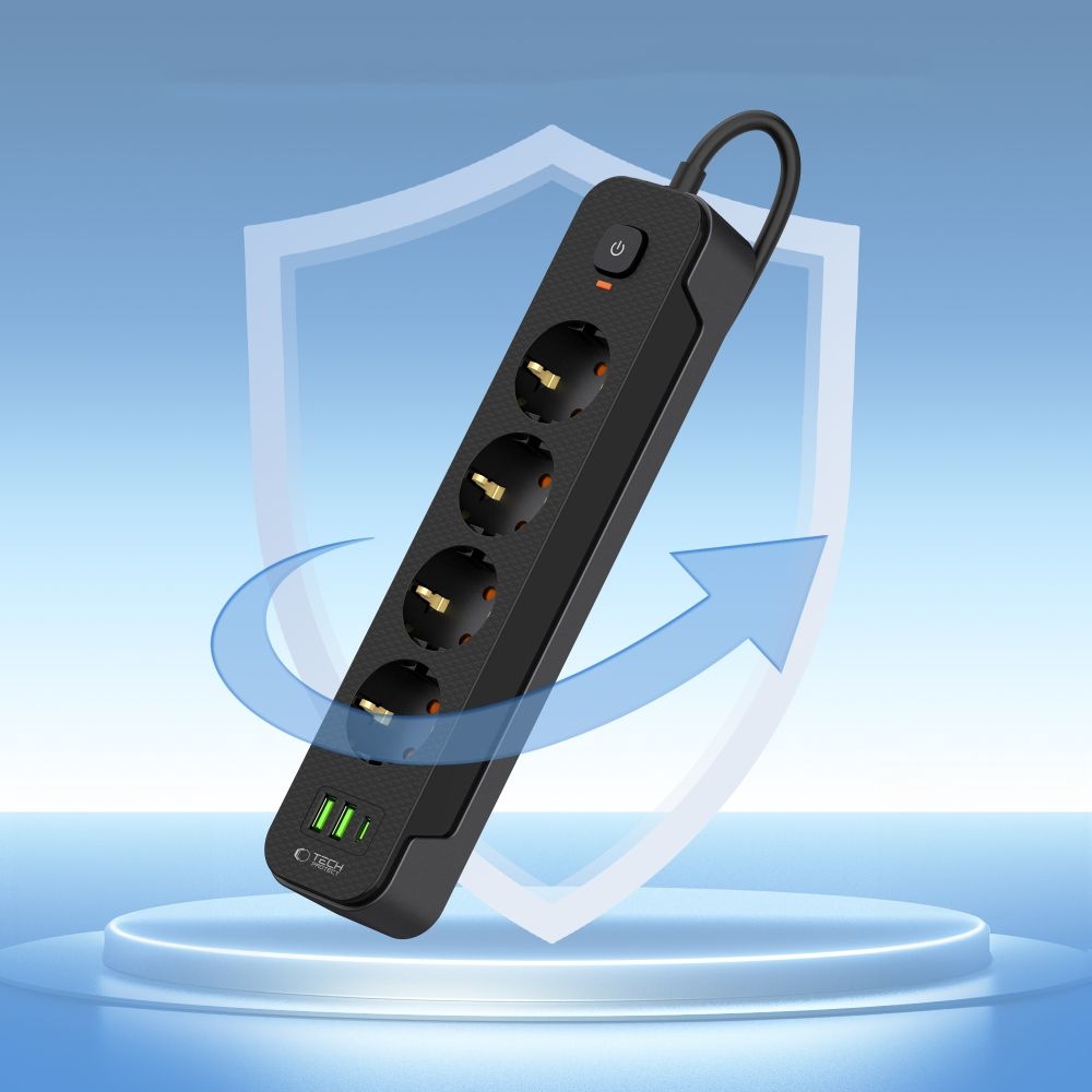 Tech-Protect PC4X3 hosszabbító kábel 4 csatlakozóval 2 USB-A és 1 USB-C 2m - fekete