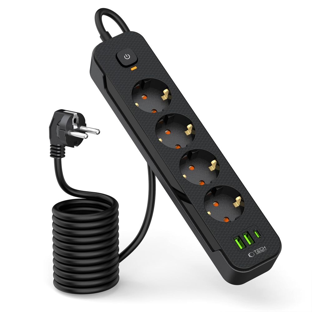 Tech-Protect PC4X3 hosszabbító kábel 4 csatlakozóval 2 USB-A és 1 USB-C 2m - fekete