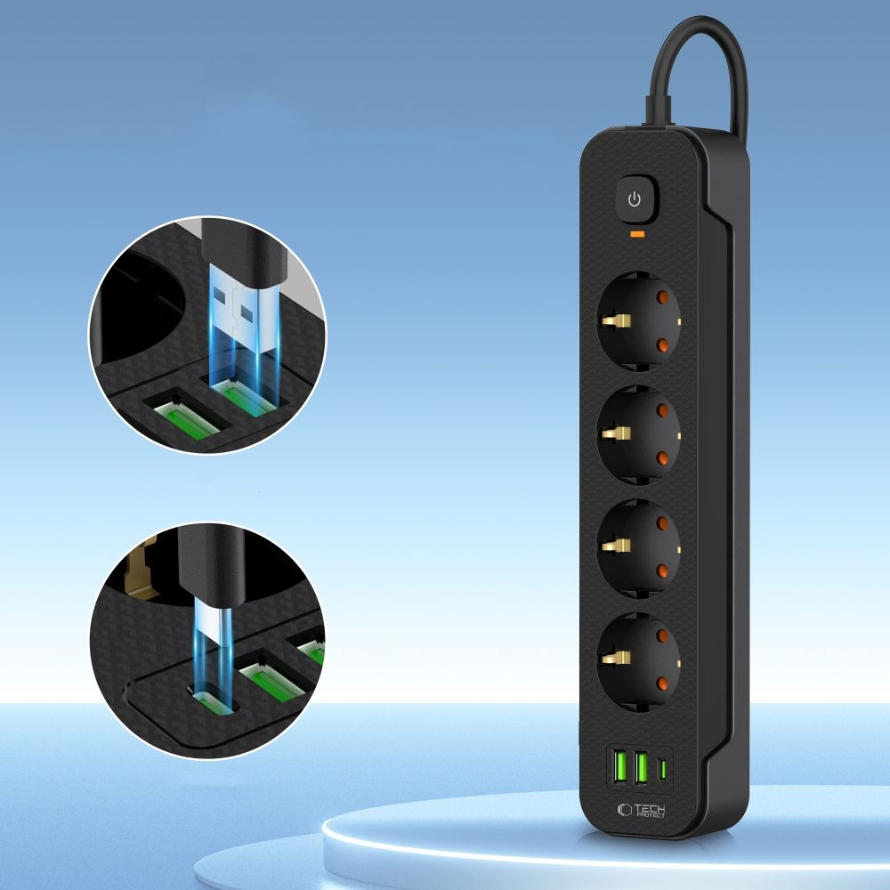 Tech-Protect PC4X3 hosszabbító kábel 4 csatlakozóval 2 USB-A és 1 USB-C 2m - fekete