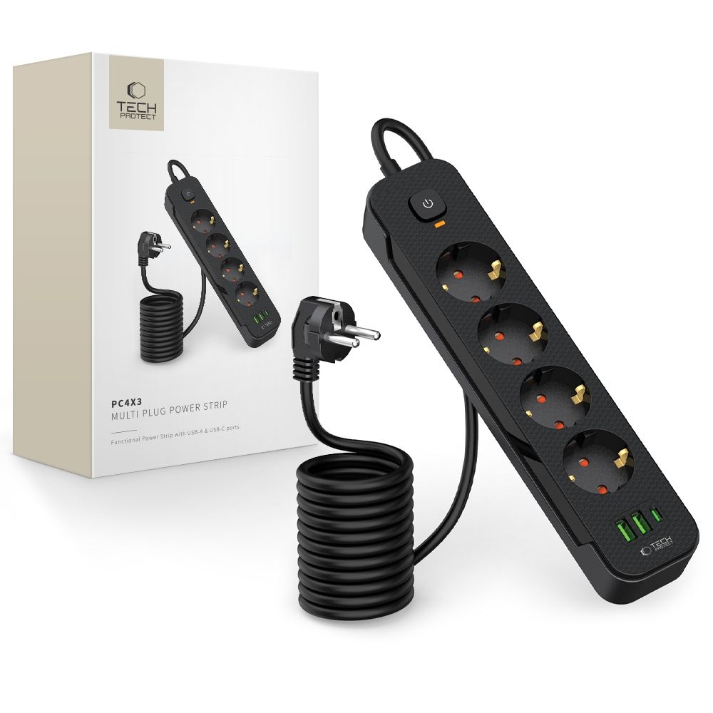 Tech-Protect PC4X3 hosszabbító kábel 4 csatlakozóval 2 USB-A és 1 USB-C 2m - fekete