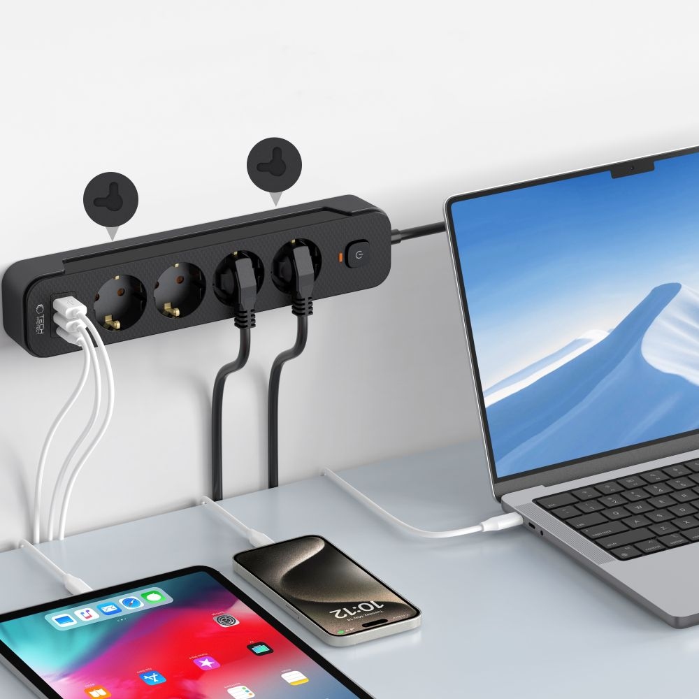 Tech-Protect PC4X3 hosszabbító kábel 4 csatlakozóval 2 USB-A és 1 USB-C 2m - fekete
