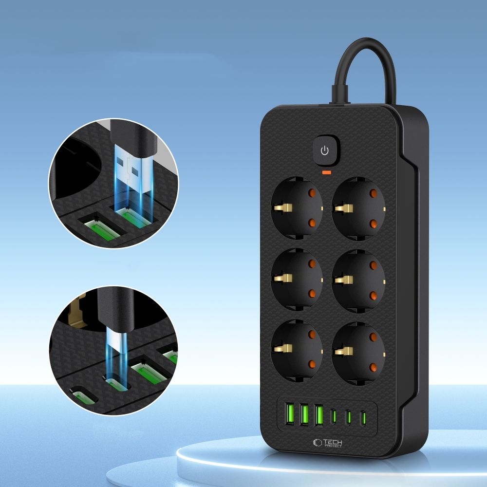 Tech-Protect PC6X6 hosszabbító kábel 6 aljzattal 3 USB-A és 3 USB-C 2 m - fekete