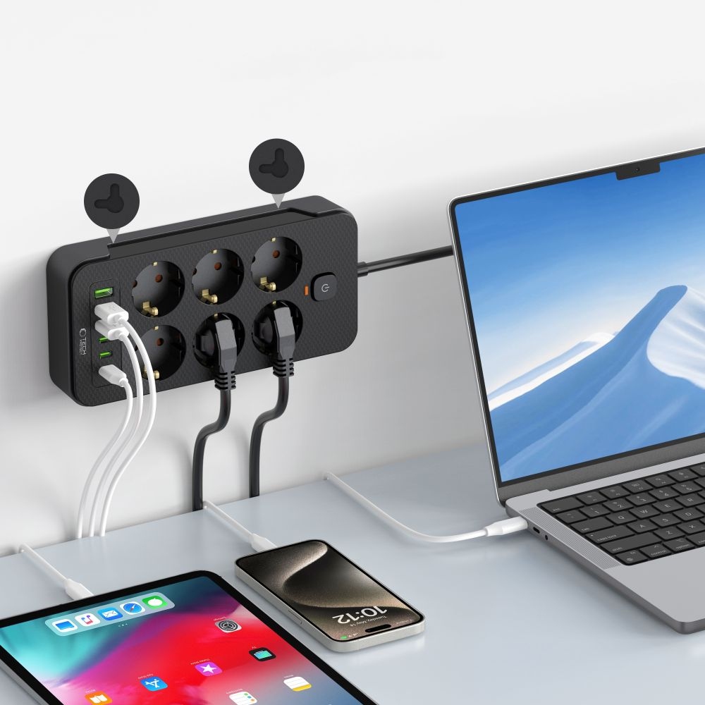 Tech-Protect PC6X6 hosszabbító kábel 6 aljzattal 3 USB-A és 3 USB-C 2 m - fekete