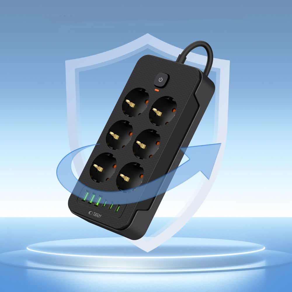 Tech-Protect PC6X6 hosszabbító kábel 6 aljzattal 3 USB-A és 3 USB-C 2 m - fekete