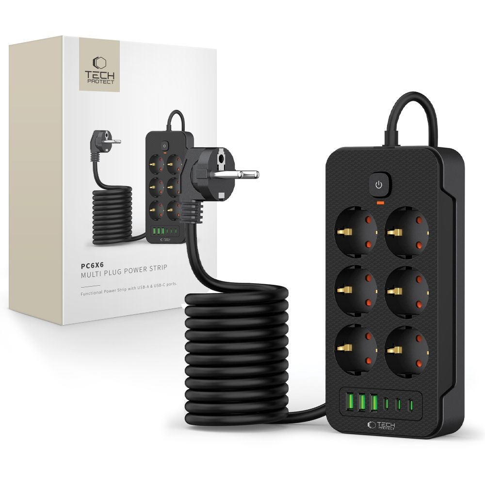 Tech-Protect PC6X6 hosszabbító kábel 6 aljzattal 3 USB-A és 3 USB-C 2 m - fekete